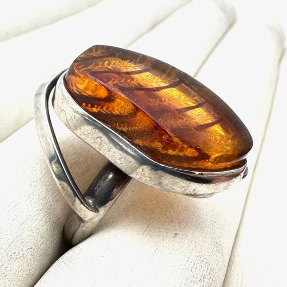 Vintage Large Amber Sterling Silver Statement Ring Size 9 European Hallmark - Picture 3 of 6